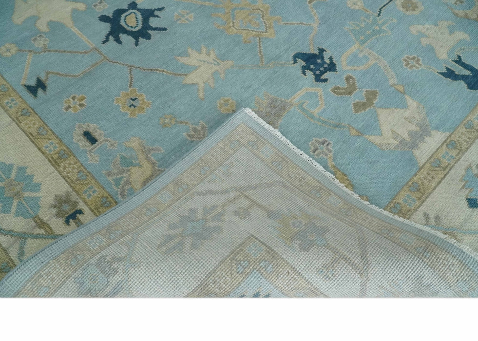 Antique Blue, Ivory and Beige Multi Size Traditional Oushak Wool Rug