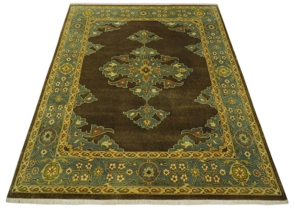 Antique Brown and Blue 8x10 Hand Knotted Medallion Wool Area Rug