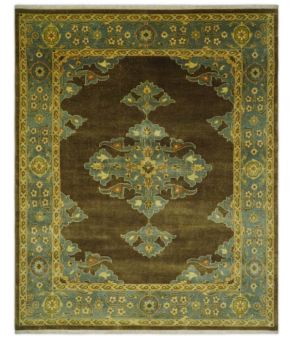 Antique Brown and Blue 8x10 Hand Knotted Heriz Serapi Medallion Area Rug | AC19810