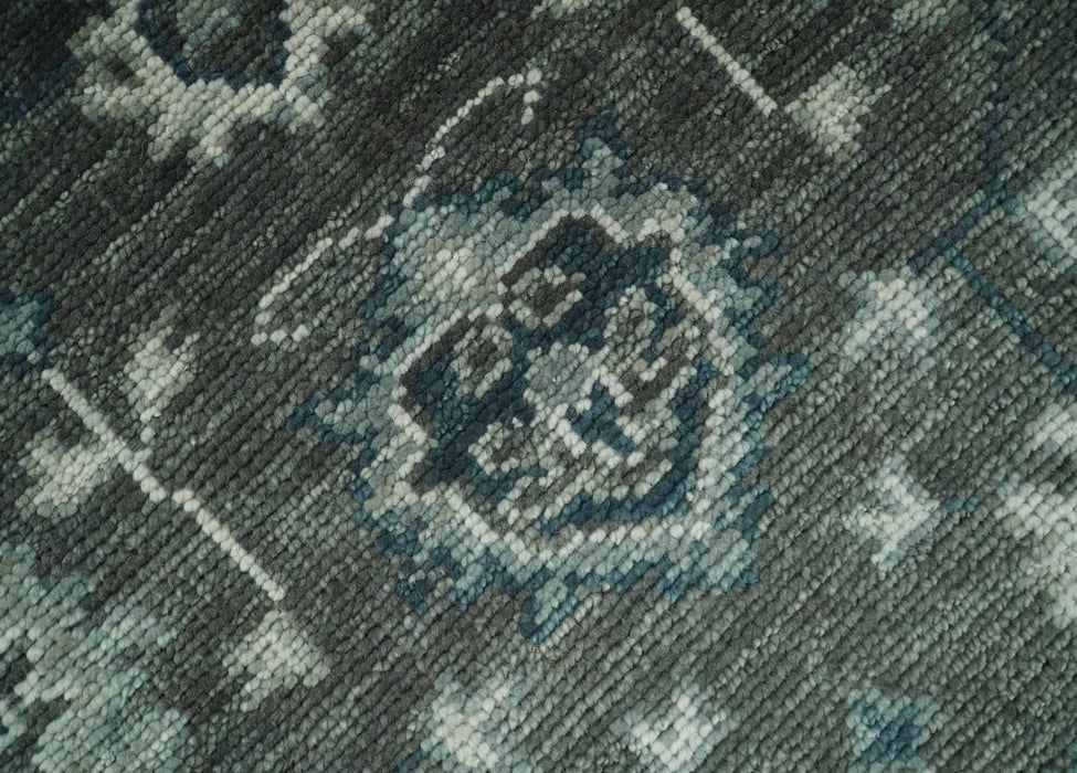 Antique Charcoal And Silver Hand Knotted Oushak Traditional Wool Rug