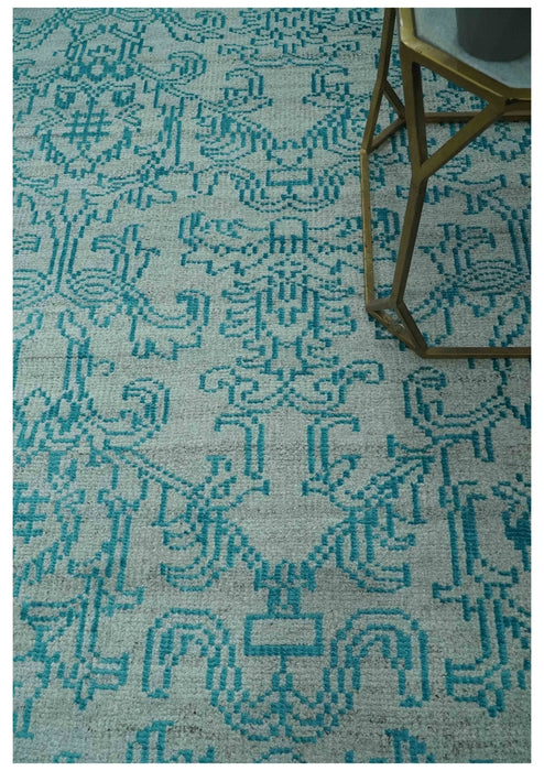 Antique design 6.5x10 Silver and Blue Traditional Hand Knotted wool Area Rug