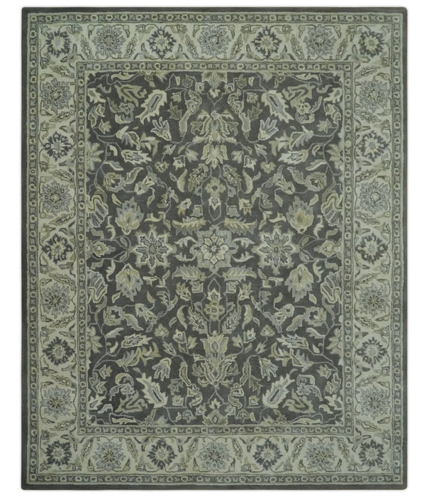 Antique Design 8x10 Charcoal and Beige Traditional Floral Hand Tufted rug