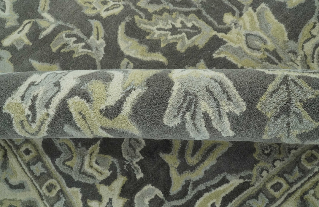 Antique Design 8x10 Charcoal and Beige Traditional Floral Hand Tufted rug