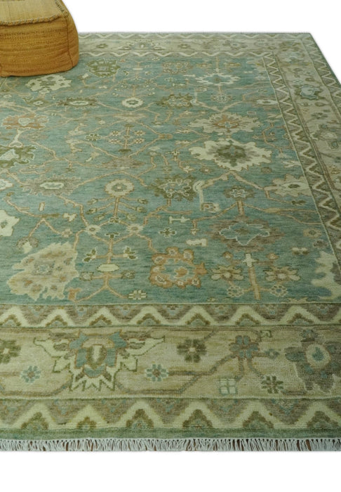 Antique design 8x10 Green and Beige Traditional Oriental Oushak wool area rug