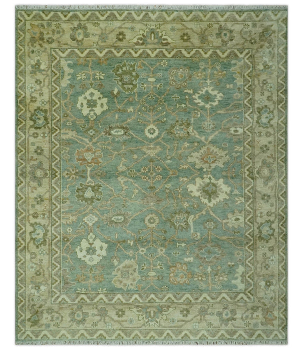 Antique design 8x10 Green and Beige Traditional Oriental Oushak wool area rug