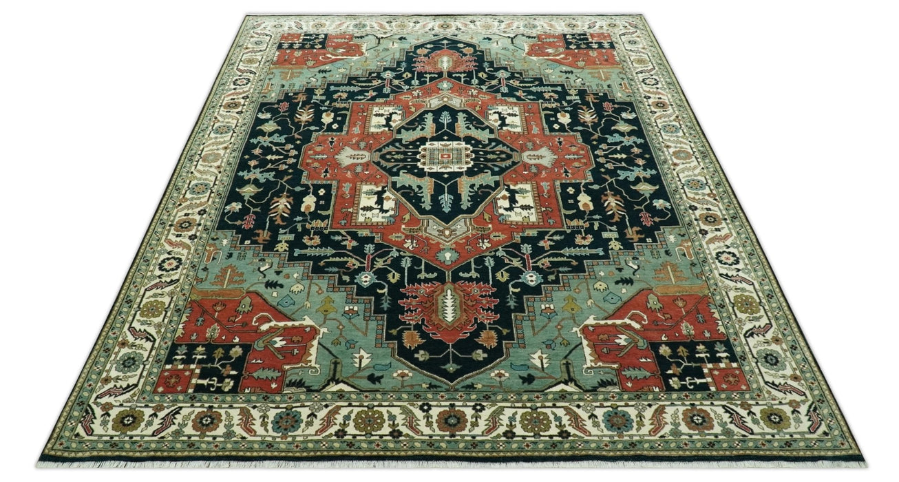 Antique Design Rust, Teal and Green Fine Hand knotted Traditional Heriz 9x12 wool area rug
