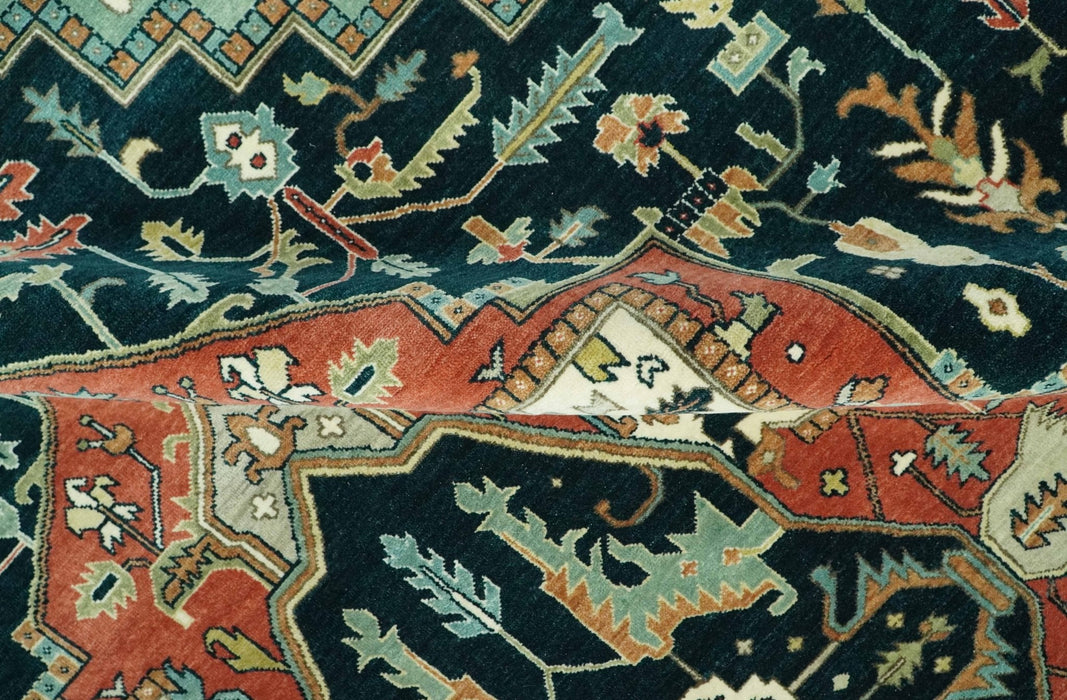Antique Design Rust, Teal and Green Fine Hand knotted Traditional Heriz 9x12 wool area rug