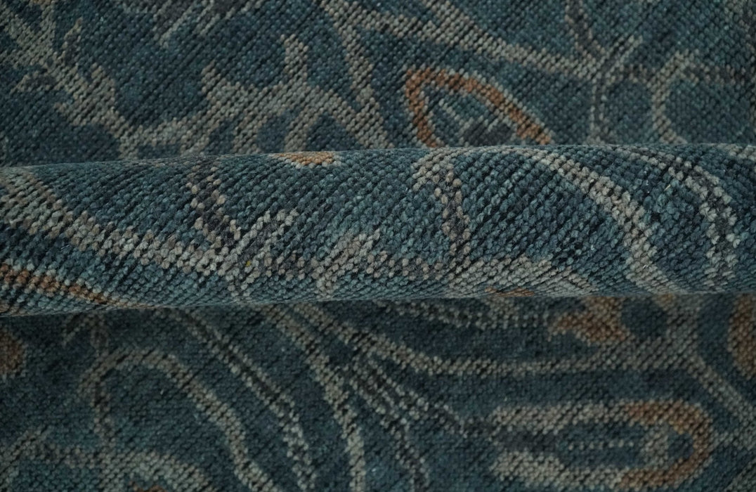 Antique Design Teal, Silver and Dark Peach Hand Knotted Traditional Design 8x10 wool Area rug