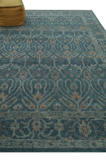 Antique Design Teal, Silver and Dark Peach Hand Knotted Traditional Design 8x10 wool Area rug