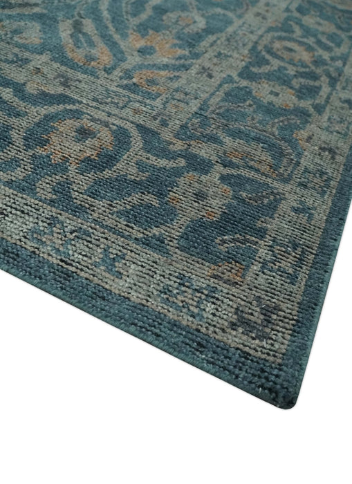 Antique Design Teal, Silver and Dark Peach Hand Knotted Traditional Design 8x10 wool Area rug