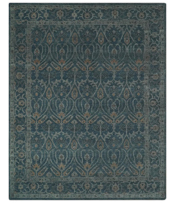 Antique Design Teal, Silver and Dark Peach Hand Knotted Traditional Design 8x10 wool Area rug