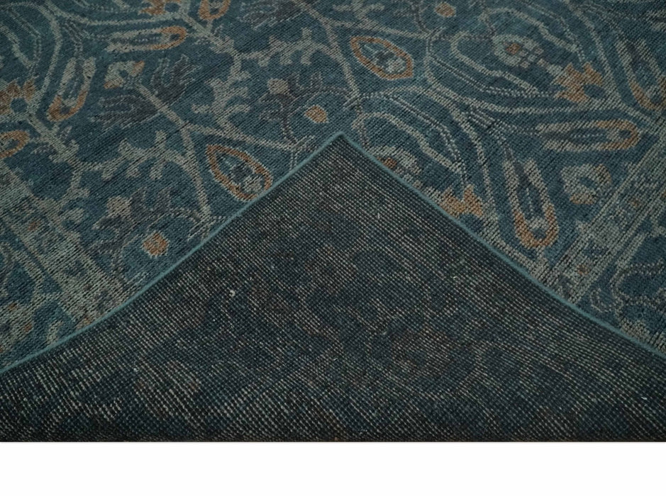 Antique Design Teal, Silver and Dark Peach Hand Knotted Traditional Design 8x10 wool Area rug