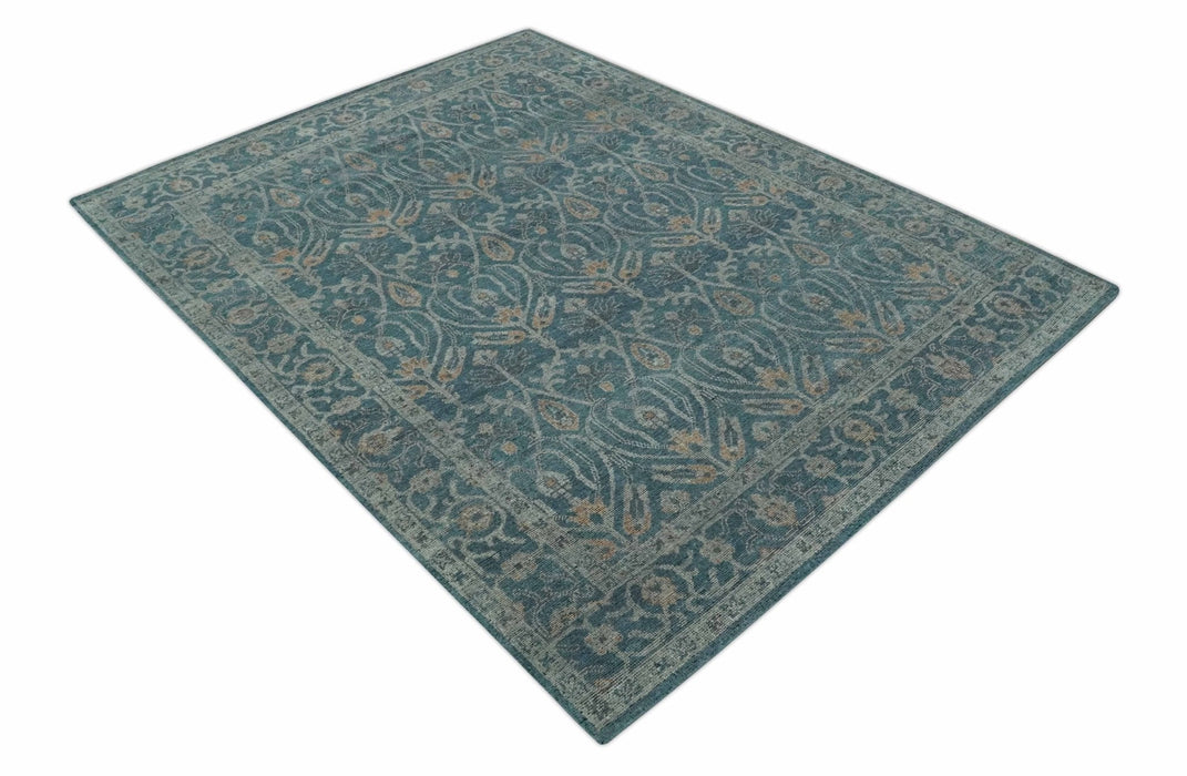 Antique Design Teal, Silver and Dark Peach Hand Knotted Traditional Design 8x10 wool Area rug