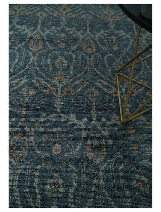 Antique Design Teal, Silver and Dark Peach Hand Knotted Traditional Design 8x10 wool Area rug