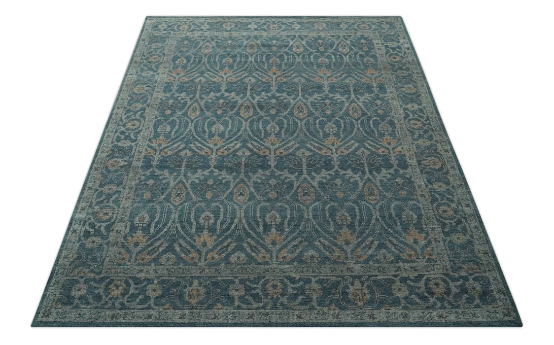 Antique Design Teal, Silver and Dark Peach Hand Knotted Traditional Design 8x10 wool Area rug