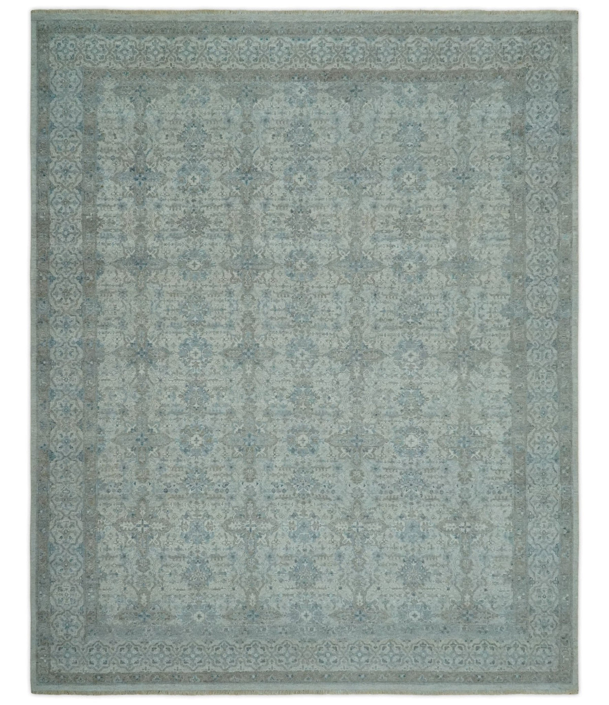 Antique Distress finish Silver, Teal and Brown Hand Knotted Traditiona