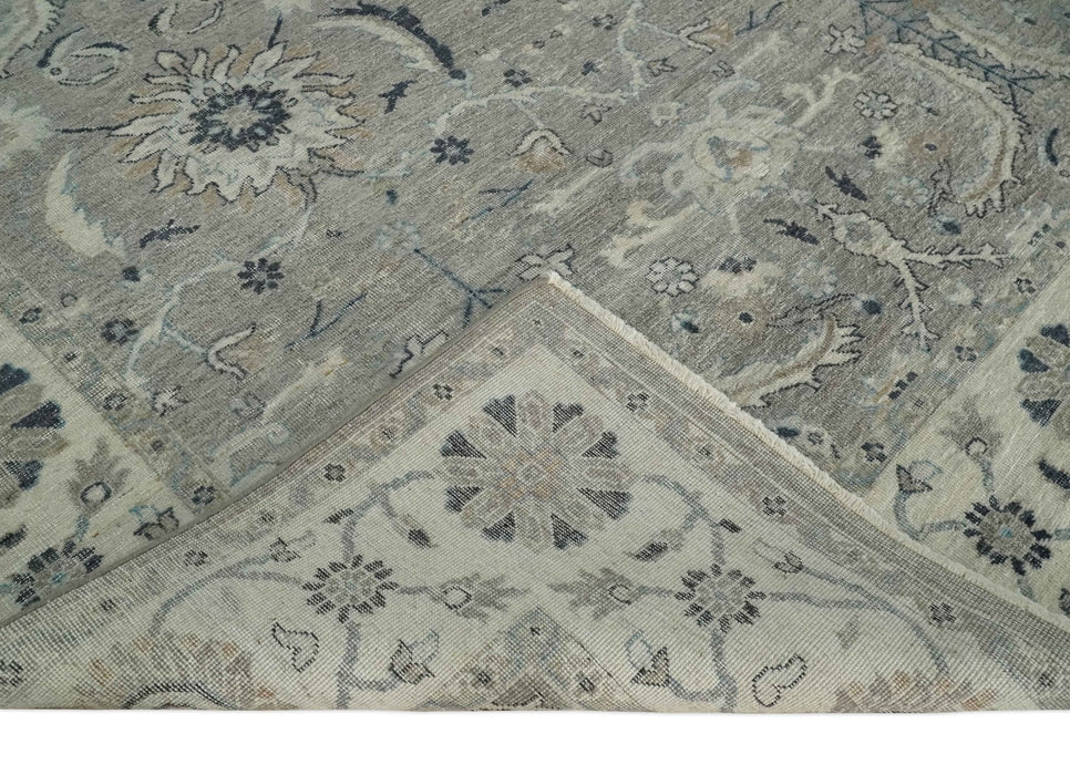 Custom Made Antique Distressed Brown and Beige Hand Knotted Traditional Oriental Oushak Wool Area Rug