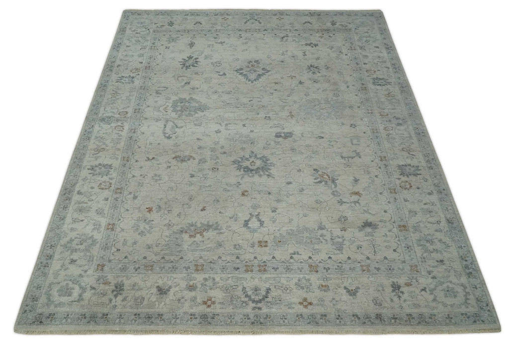 Antique Distressed look Beige and Charcoal Low Pile Multi Size Oushak wool Area Rug