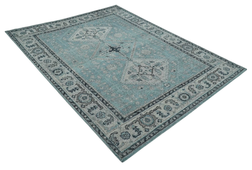 Antique Finish Hand Knotted 8x10 Blue, Silver and Charcoal Traditional Low Pile Wool Area Rug