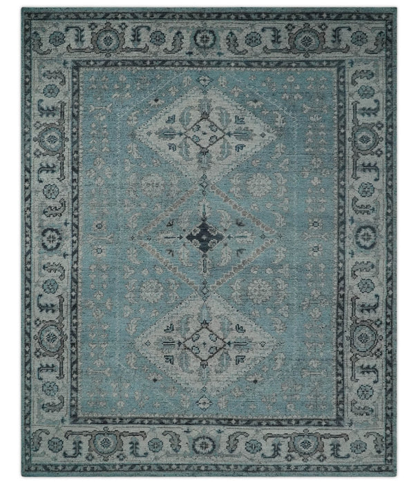 Antique Finish Hand Knotted 8x10 Blue, Silver and Charcoal Traditional Low Pile Wool Area Rug