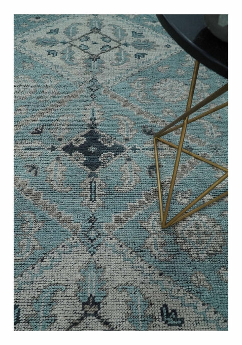 Antique Finish Hand Knotted 8x10 Blue, Silver and Charcoal Traditional Low Pile Wool Area Rug