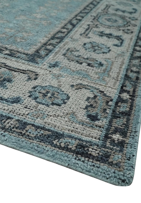 Antique Finish Hand Knotted 8x10 Blue, Silver and Charcoal Traditional Low Pile Wool Area Rug