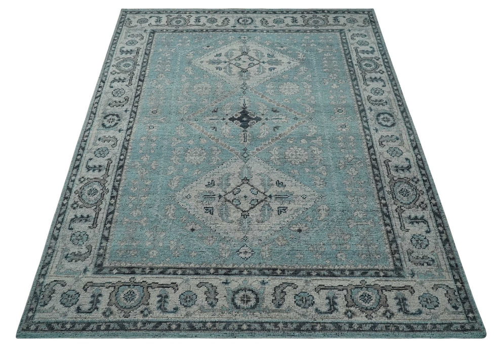 Antique Finish Hand Knotted 8x10 Blue, Silver and Charcoal Traditional Low Pile Wool Area Rug