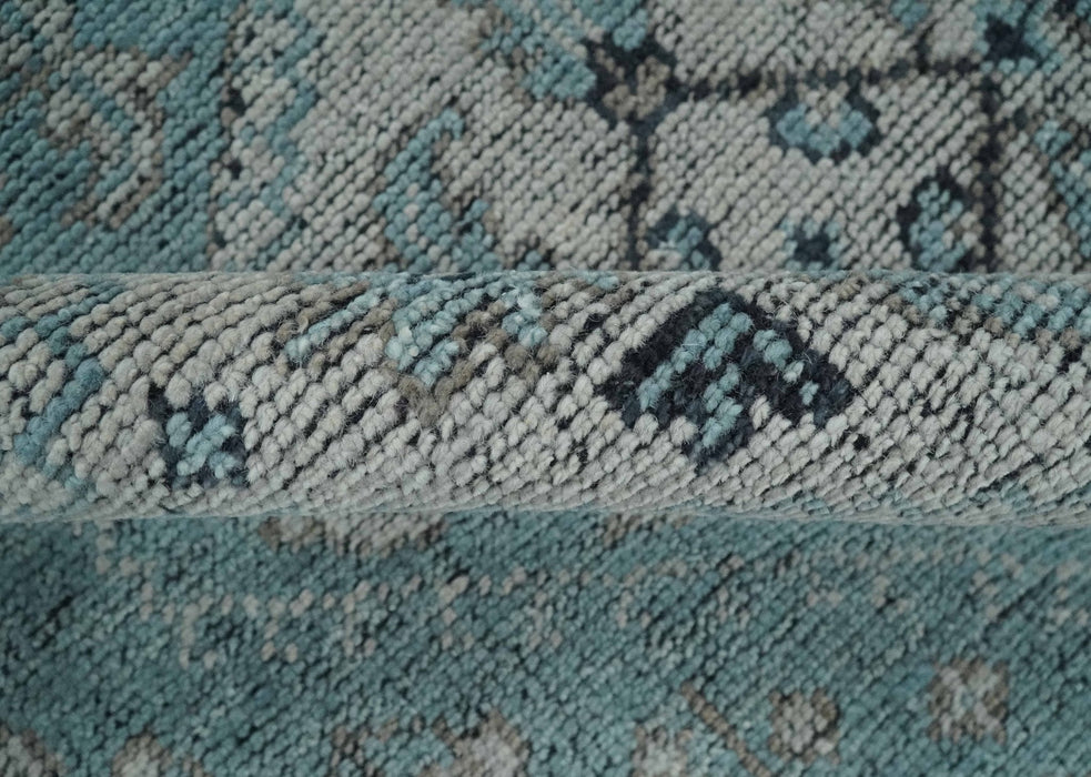 Antique Finish Hand Knotted 8x10 Blue, Silver and Charcoal Traditional Low Pile Wool Area Rug