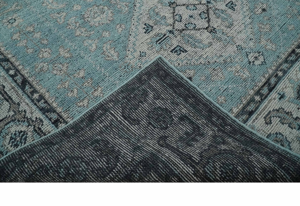 Antique Finish Hand Knotted 8x10 Blue, Silver and Charcoal Traditional Low Pile Wool Area Rug