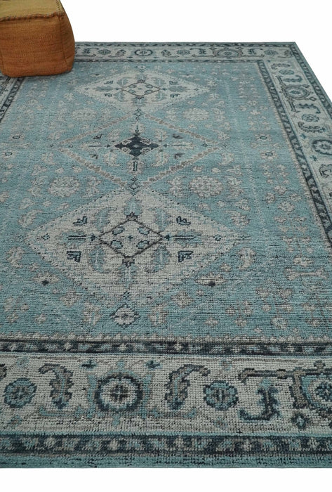 Antique Finish Hand Knotted 8x10 Blue, Silver and Charcoal Traditional Low Pile Wool Area Rug