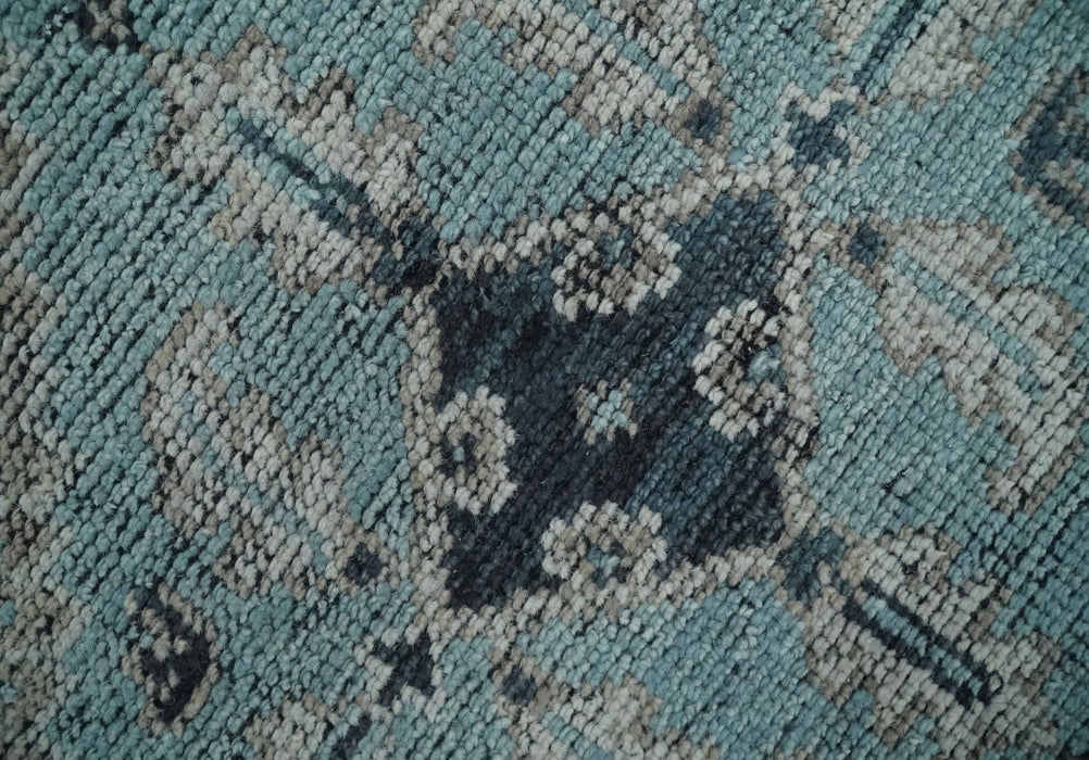 Antique Finish Hand Knotted 8x10 Blue, Silver and Charcoal Traditional Low Pile Wool Area Rug