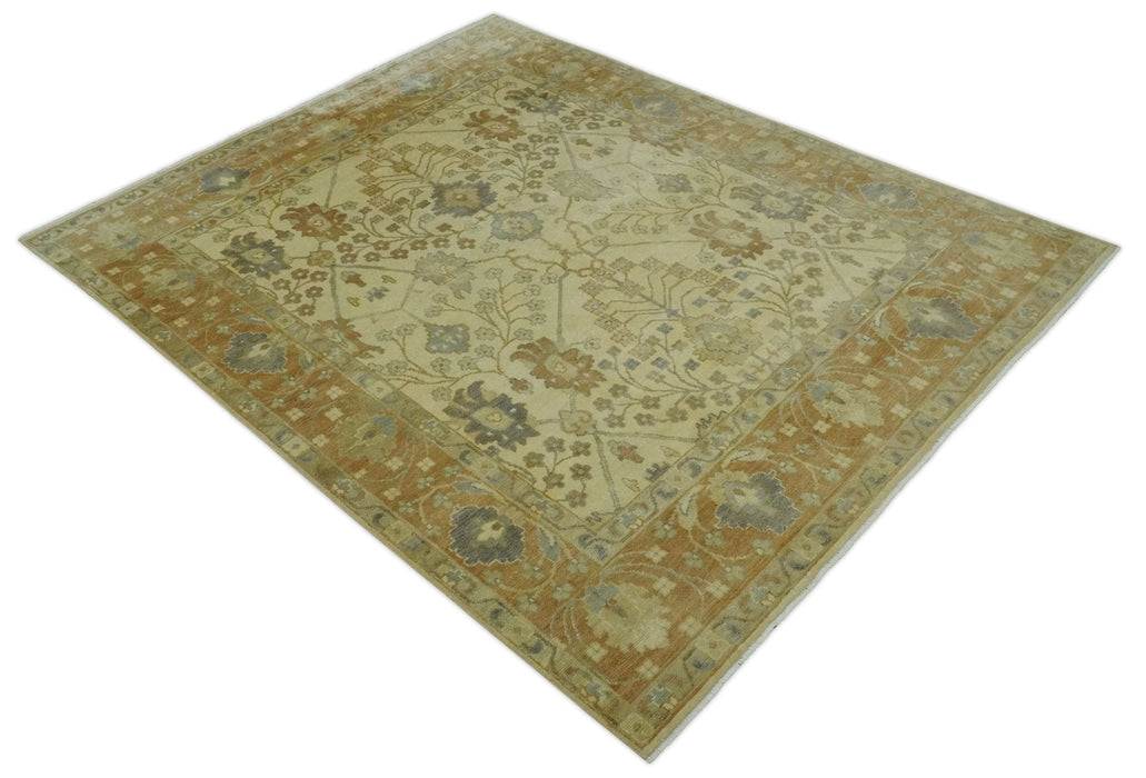 Antique Floral Beige, Olive and Rust Hand knotted Oriental Oushak 8x10 wool Area rug