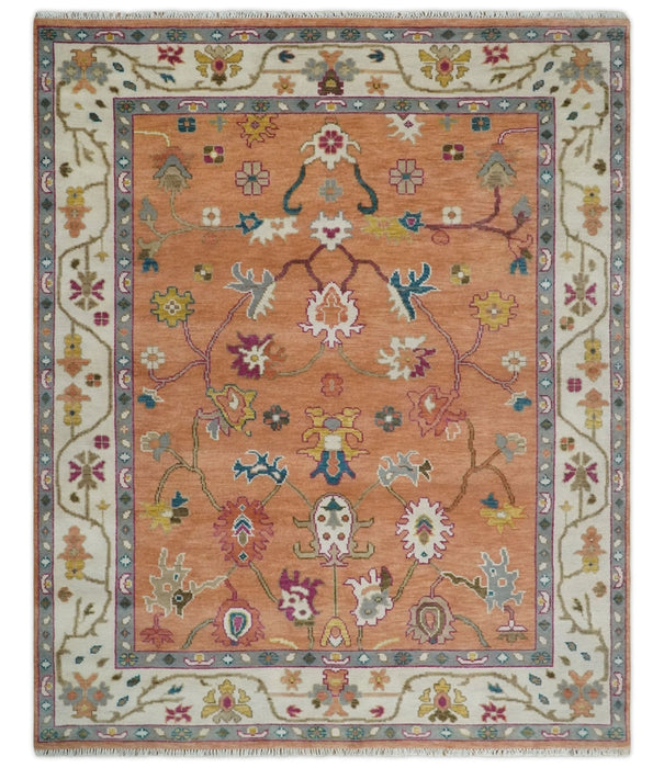 Antique Floral Peach and Ivory Hand knotted Traditional Oushak 8x10 wool Area Rug