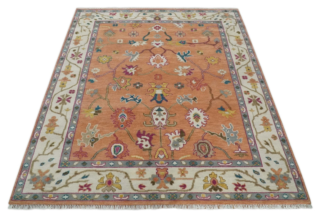 Antique Floral Peach and Ivory Hand knotted Traditional Oushak 8x10 wool Area Rug