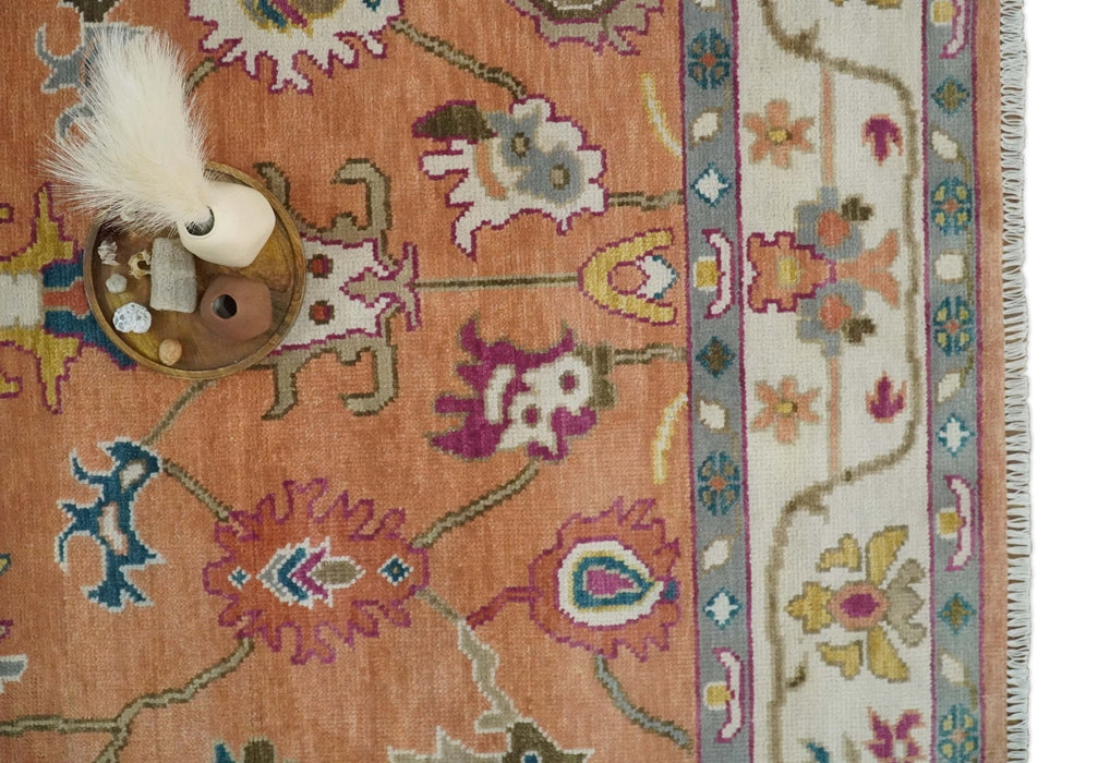Antique Floral Peach and Ivory Hand knotted Traditional Oushak 8x10 wool Area Rug
