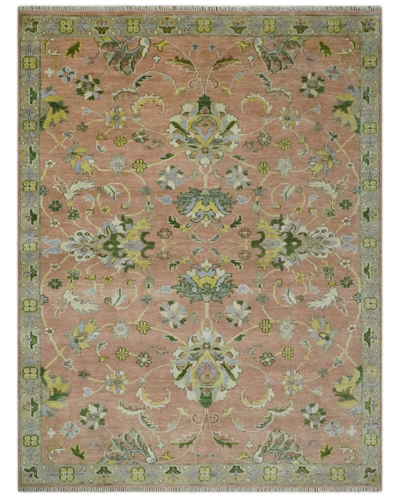 Antique Floral Peach, Green, Mustard and Ivory Hand Knotted 9x12 wool area Rug