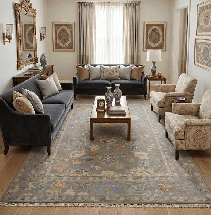 Antique Gray And Beige Hand Knotted Oushak Wool Area Rug