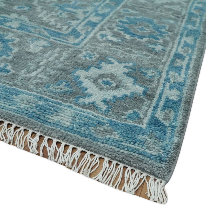 Antique Gray and Blue Hand Knotted 8x10 Oushak Turkish Wool Area Rug
