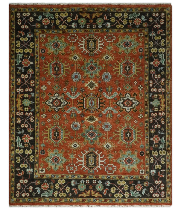 Custom Made Hand Knotted Rust and Black Traditional Wool Rug