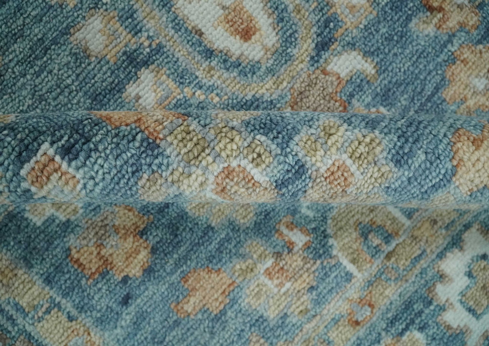 Custom Made Antique Hand Knotted Blue and Beige Traditional Oushak Wool Area Rug