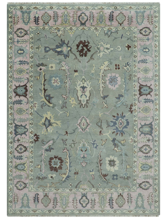 Antique Hand Knotted Green and Pink Traditional Oushak Multi Size Wool Area Rug