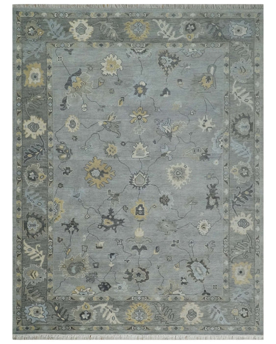 Antique Hand Knotted Silver and Charcoal Traditional Floral Oushak Wool Area Rug