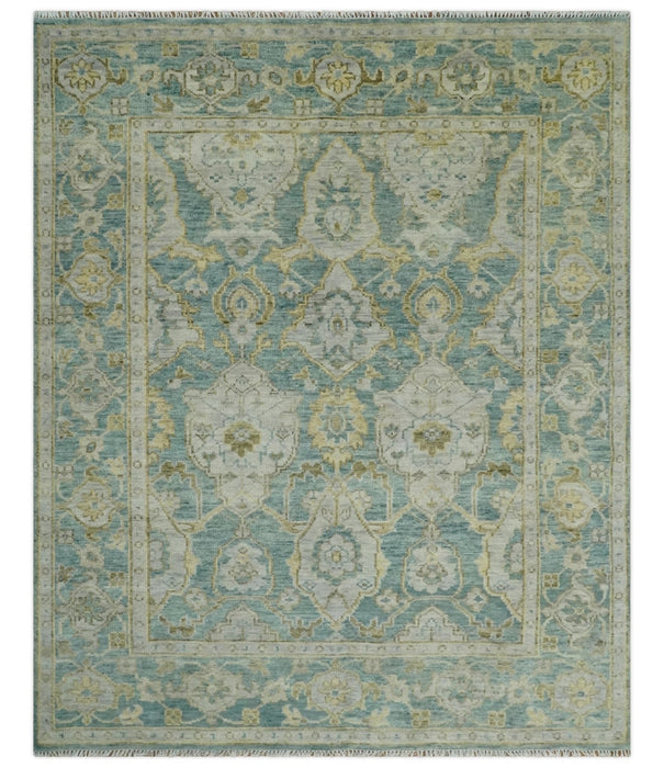 Hand Knotted Traditional Turkish Oushak Blue And Beige Wool Rug