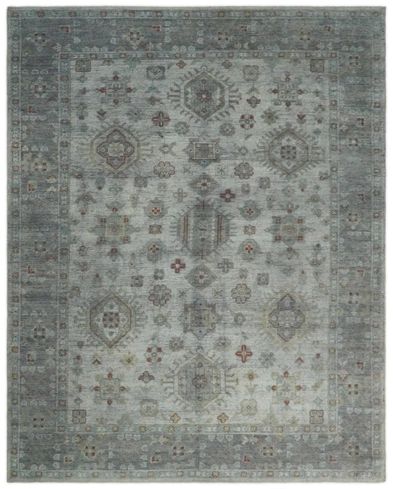Distressed Hand Knotted Traditional  Silver and Rust Custom Made Wool Area Rug