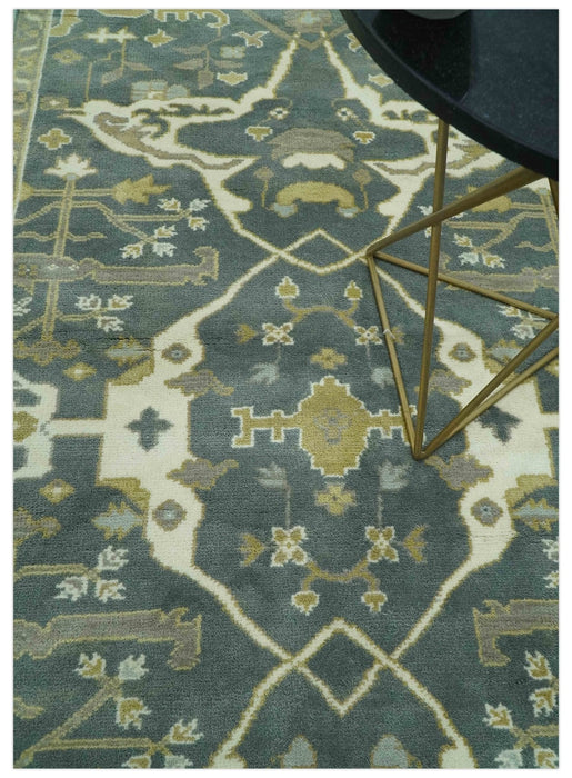 Antique look Charcoal, Ivory and Olive 6x9 Hand Knotted Traditional Oriental Oushak wool rug