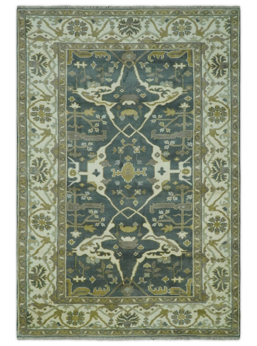 Antique look Charcoal, Ivory and Olive 6x9 Hand Knotted Traditional Oriental Oushak wool rug