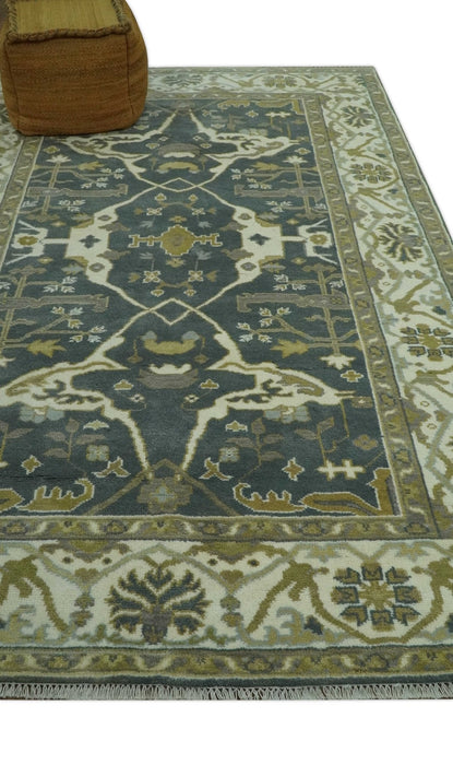 Antique look Charcoal, Ivory and Olive 6x9 Hand Knotted Traditional Oriental Oushak wool rug
