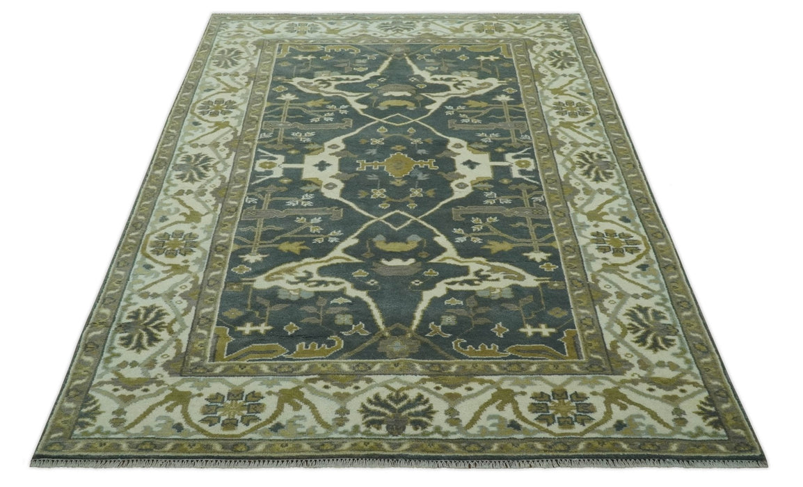 Antique look Charcoal, Ivory and Olive 6x9 Hand Knotted Traditional Oriental Oushak wool rug