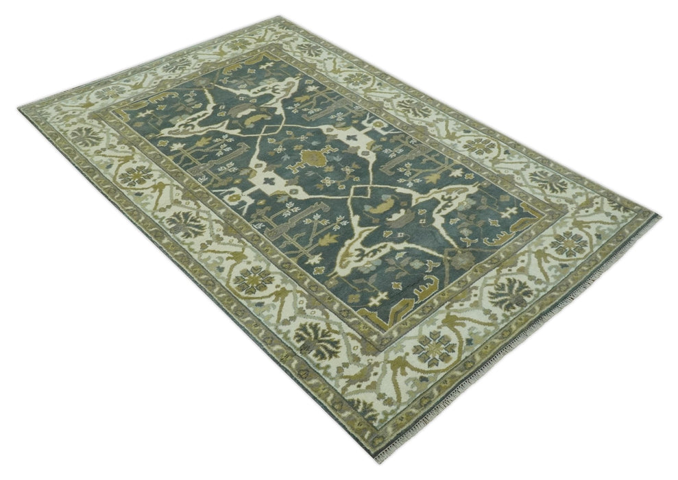 Antique look Charcoal, Ivory and Olive Hand Knotted Traditional Oriental Oushak wool rug