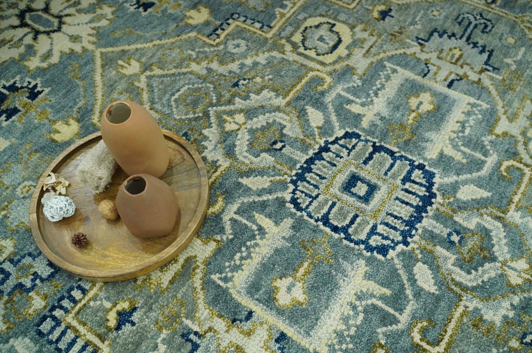 Antique look Gray, Olive and Blue 8x10 Traditional Heriz Hand Knotted wool Rug
